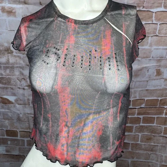 Sinful By Affliction Angel Wings Sheer Short Sleeve Crop Top - NWT - Picture 3 of 12